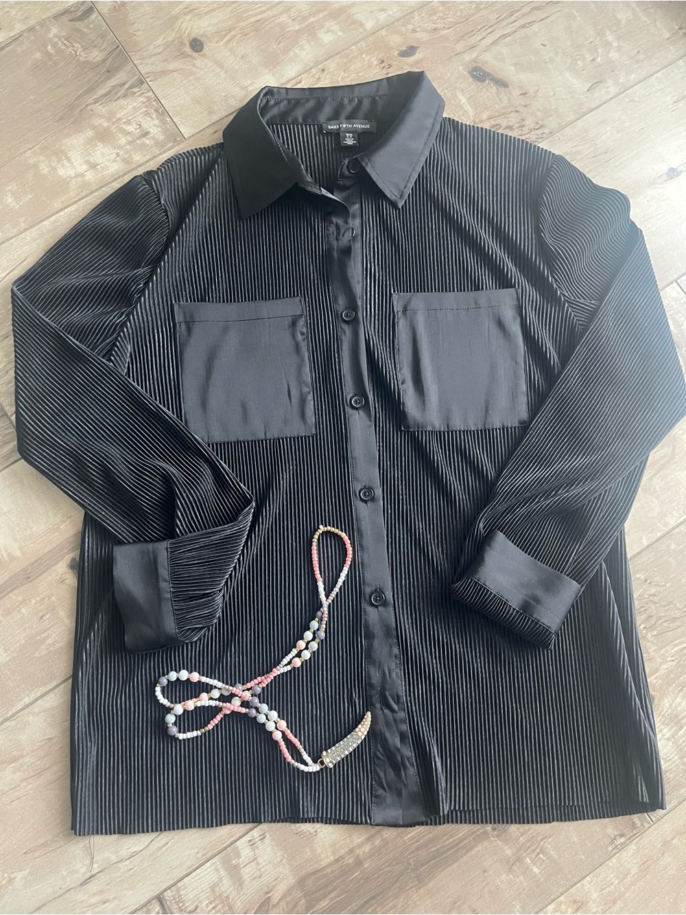 Saks Fifth Avenue Black Pleated Satin-Trim Shirt NEW